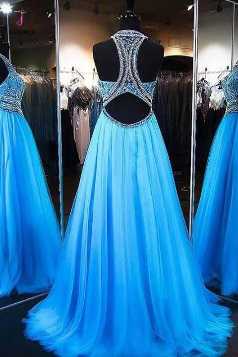 A-Line Blue Tulle Jewel Sleeveless Beading Tulle Dresses,Sweep Train Party Dress KPP0430