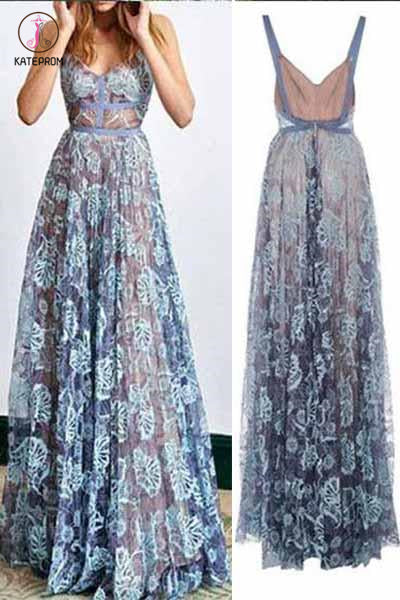 Sexy Straps V Neck Sleeveless Long Prom Dress,Lace Floor Length Evening Dress KPP0446