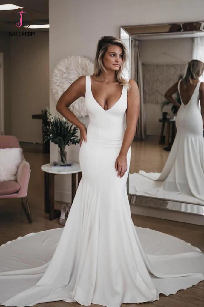 Simple V Neck Mermaid Wedding Dress with Long Train, Sexy Backless Beach Wedding Dress KPW0354