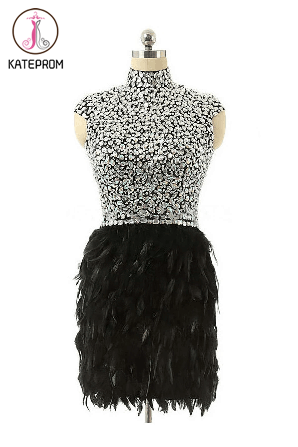 High Neck Knee-length Feather Prom Dresses Homecoming Dress KPH0083