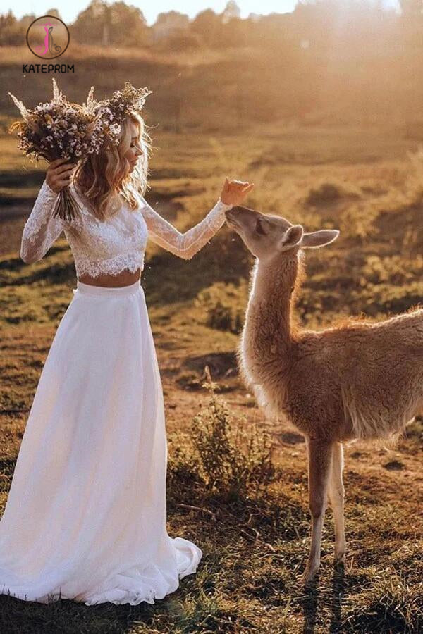 Two Piece White Beach Wedding Dress with Lace, Romantic Long Sleeves Bridal Dress KPW0504