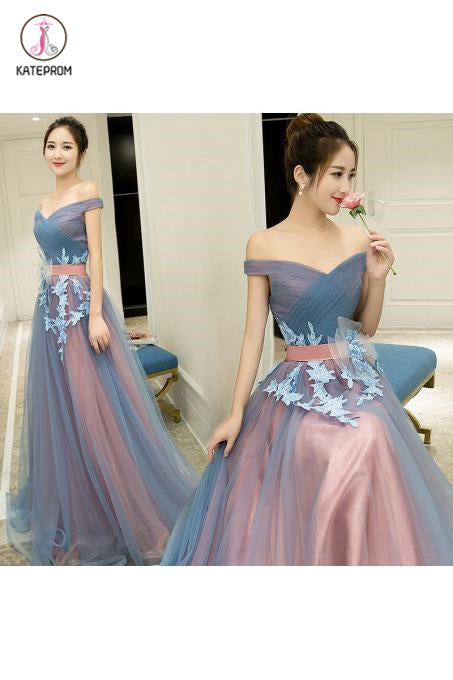 A-Line Off-the-Shoulder Tulle Long Prom Dresses Long Tulle Pleats Evening Dresses KPP0500