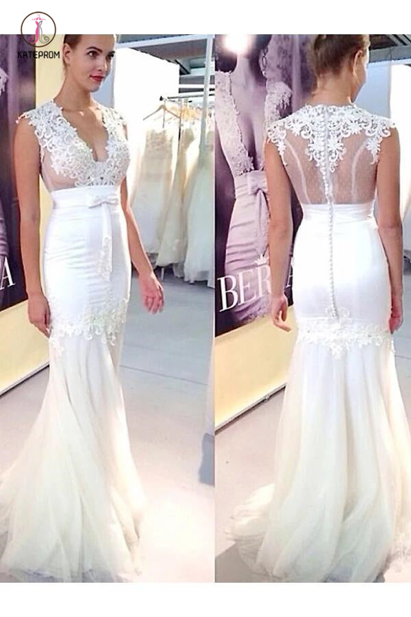 Long Applique Tulle V-neck Sleeveless Mermaid Wedding Dresses, Sexy Bridal Dress KPW0204