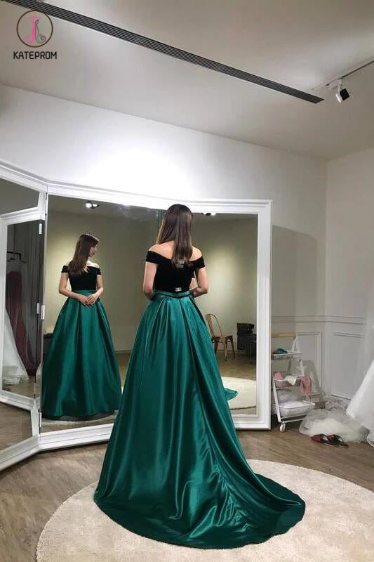 A-line Dark Green Off-the-shoulder Sweep Train Evening Dress,Prom Gown KPP0258
