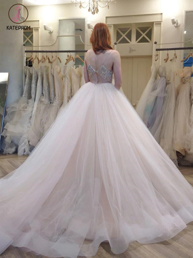 Sexy A-line V-neck Spaghetti Straps Ivory Tulle Wedding Dress,Ball Gowns KPW0024