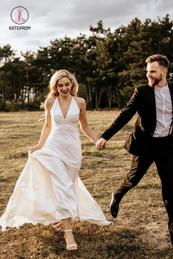 A Line Halter Ivory V Neck Beach Wedding Dresses, Sexy Sleeveless Boho Wedding Dresses KPW0501