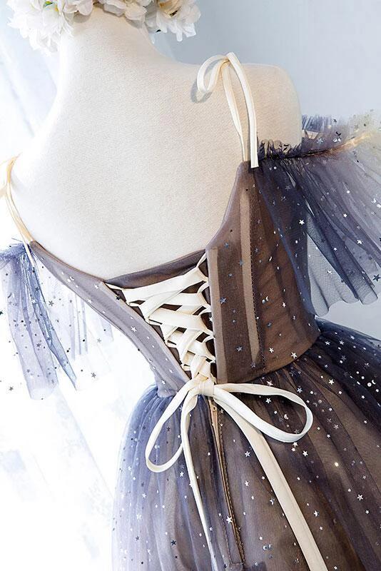 Sparkly Off the Shoulder Homecoming Dress with Short Sleeves, Unique Tulle Short Dress KPH0125