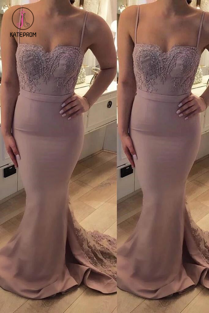 Spaghetti Straps Sweetheart Mermaid Bridesmaid Dress with Lace Appliques KPB0101