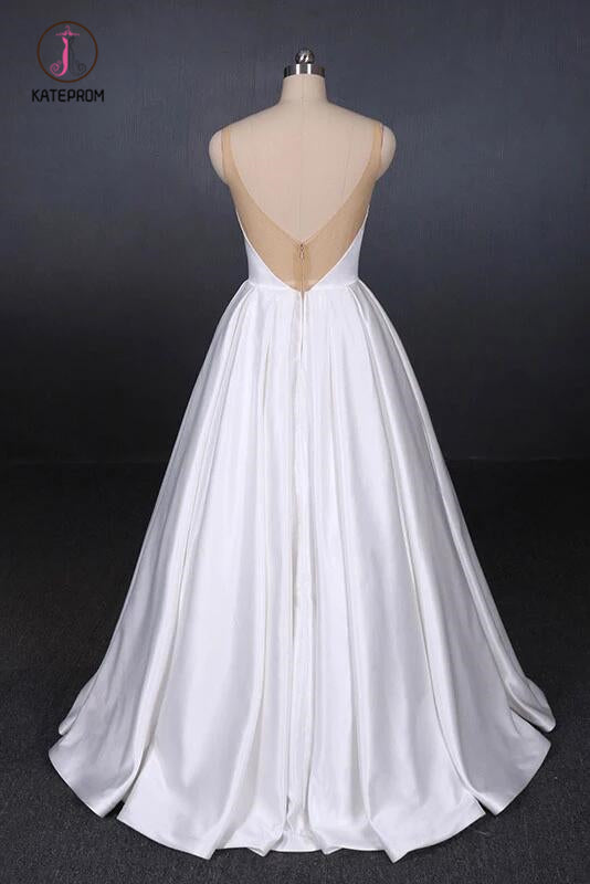 Simple Straps White Satin Wedding Dresses, Floor Length Satin Backless Bridal Dresses KPW0498