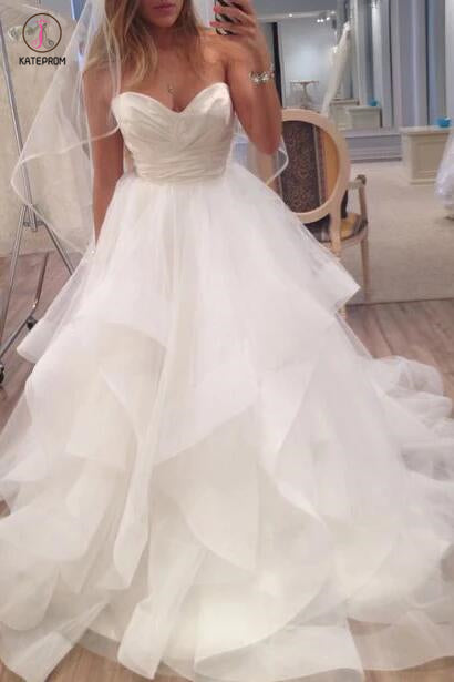 A Line Ivory Sweetheart Strapless Layered Tulle Long Beach Wedding Dress KPW0178
