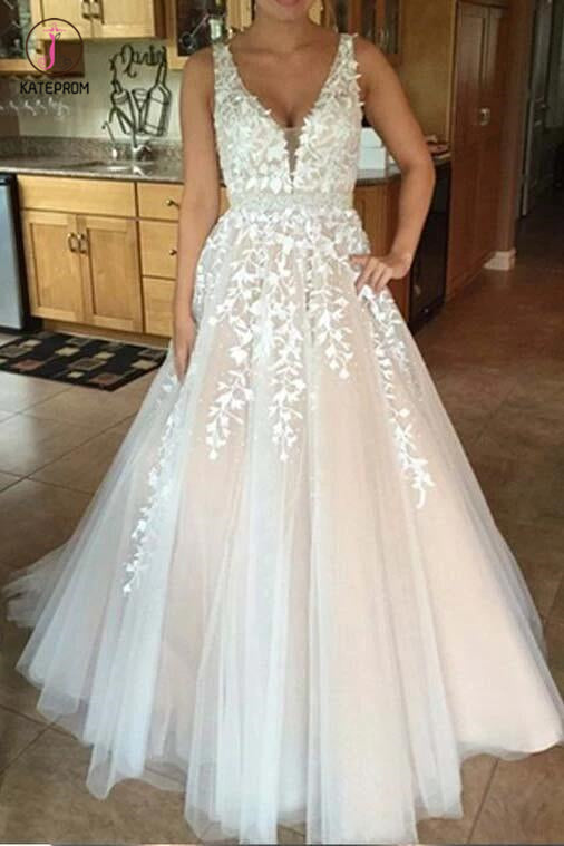 A-line V Neck Long Sexy Prom Dress,Lace Appliques Long Wedding Dresses KPW0018