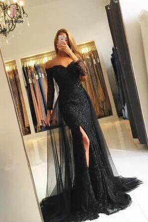 Burgundy Off-the-shoulder 3/4 Sleeves Split Tulle Prom Dresses,Long Formal Gown KPP0267