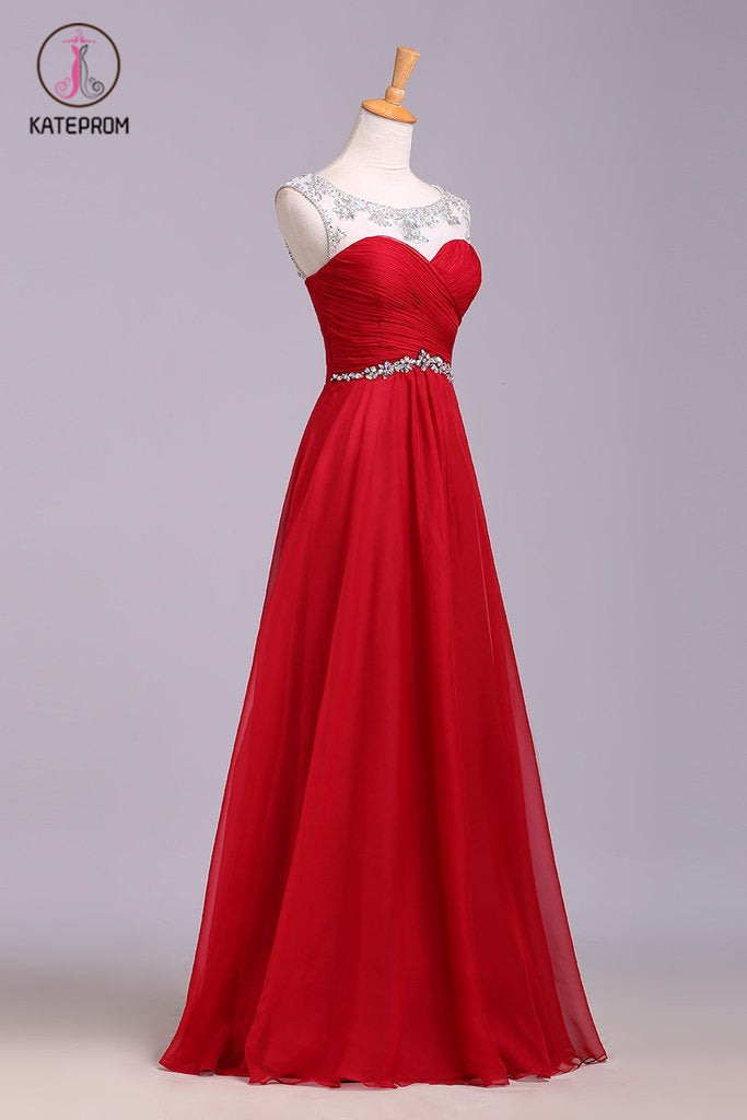 Red Floor Length Chiffon Prom Dress with Crystals, A Line Pleated Evening Dress KPP0568