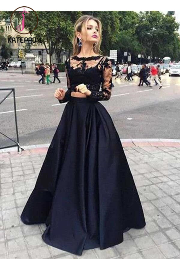 Two Pieces Long Sleeves Lace Top And Satin Prom Dress,Party Dresses KPP0130
