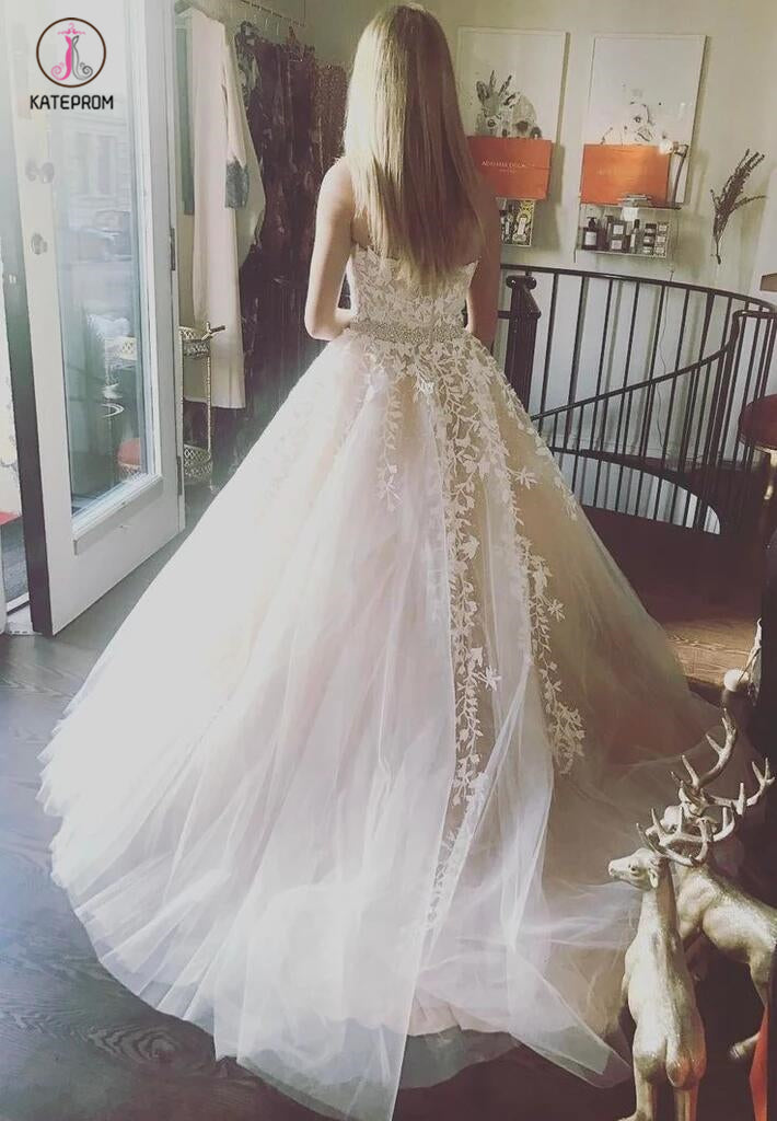 Princess Sky Blue Strapless A-line Tulle Floor-length Prom Dress with White Appliques KPP0325