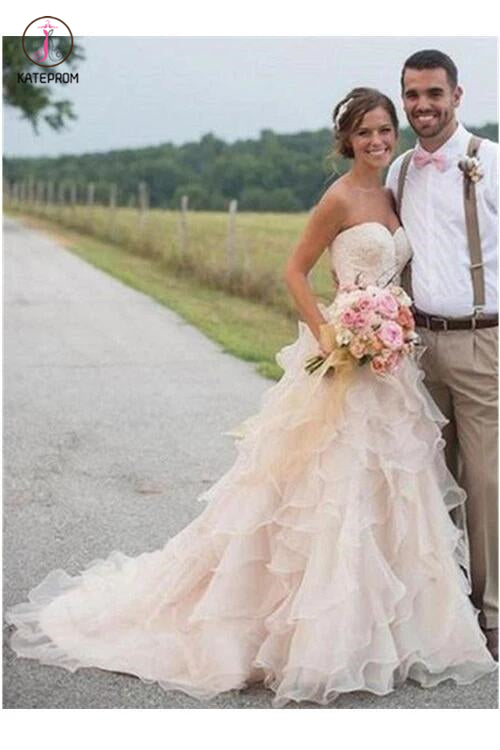 Spaghetti Straps White Lace Chiffon Beach Wedding Gowns KPW0017