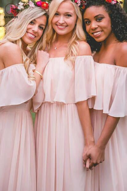 Off-the-shoulder Pastel Pink Ruffles Long Chiffon Bridesmaid Gowns,Floor-length Prom Dresses KPB0039