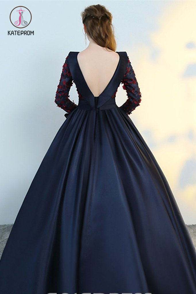 Puffy Flower Applique Floor Length Long Sleeve Satin Party Dress With Bowknot KPP0590