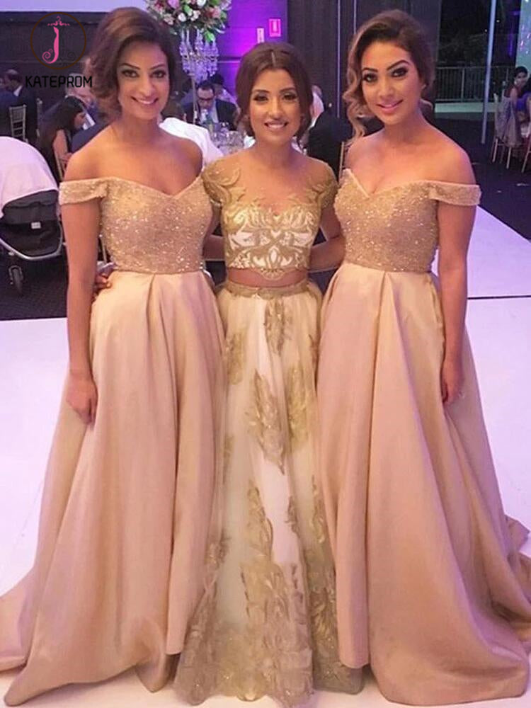 Elegant A Line Off the Shoulder Sweep Train Bridesmaid Dresses with Beading KPB0142