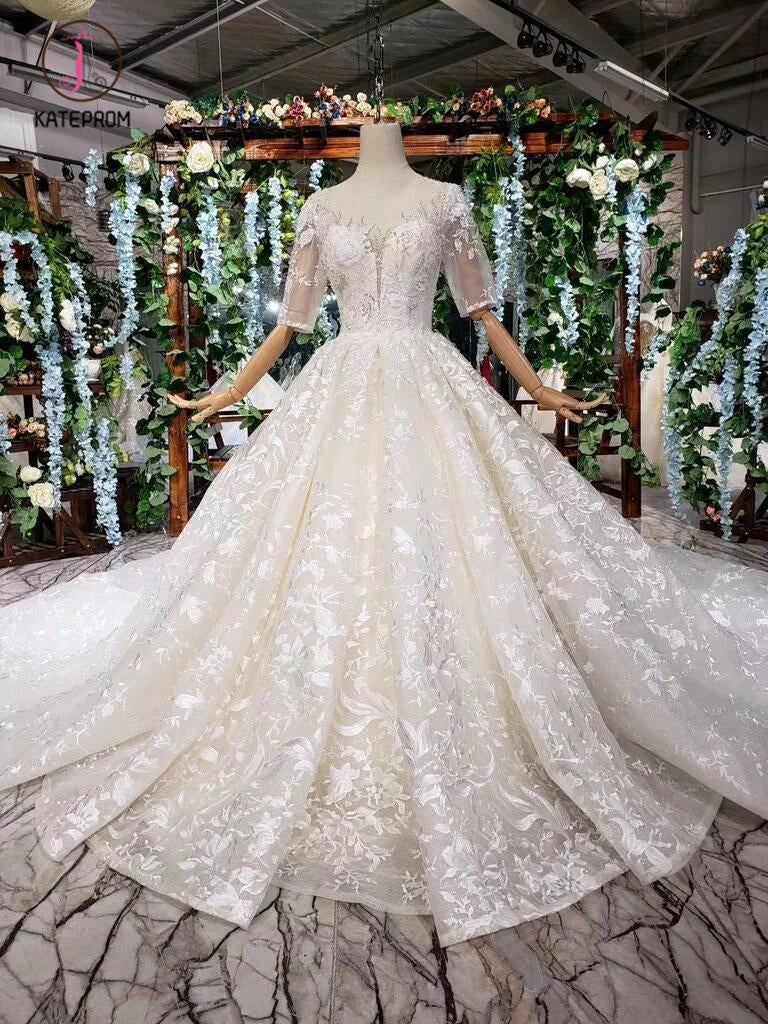 Gorgeous Lace Wedding Dress with Half Sleeves, Ball Gown Long Wedding Dresses KPW0330