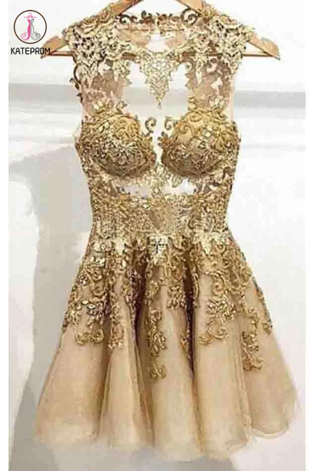 A-line Jewel Homecoming Dress,See Through Short Sleeveless Cocktail Dress with Appliques KPH0137