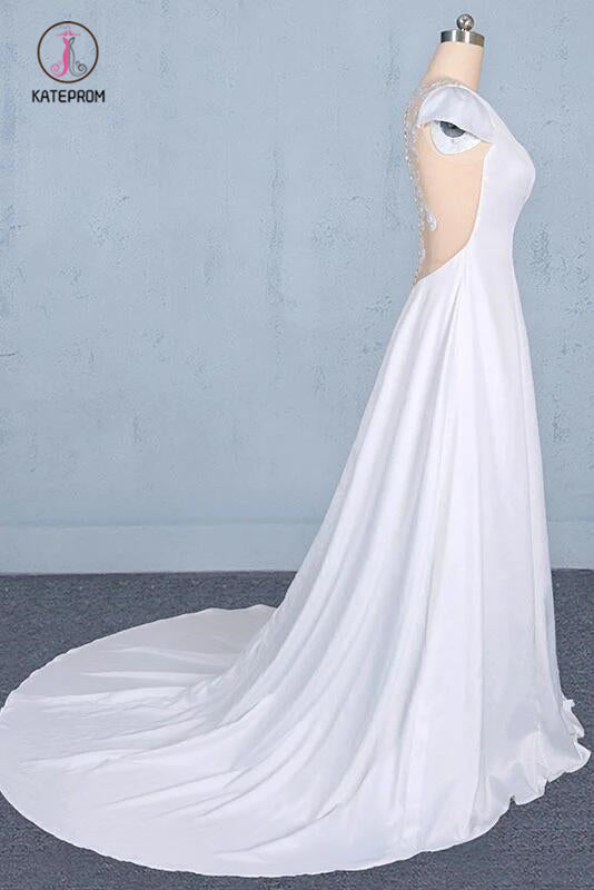 Simple A Line Cap Sleeves Wedding Dress with Lace, Long Bridal Dress with Lace KPW0493