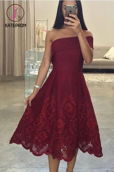 Sexy Tea Length Asymmetric Neck Prom Gowns,Lace One Shoulder Prom Gown KPP0177