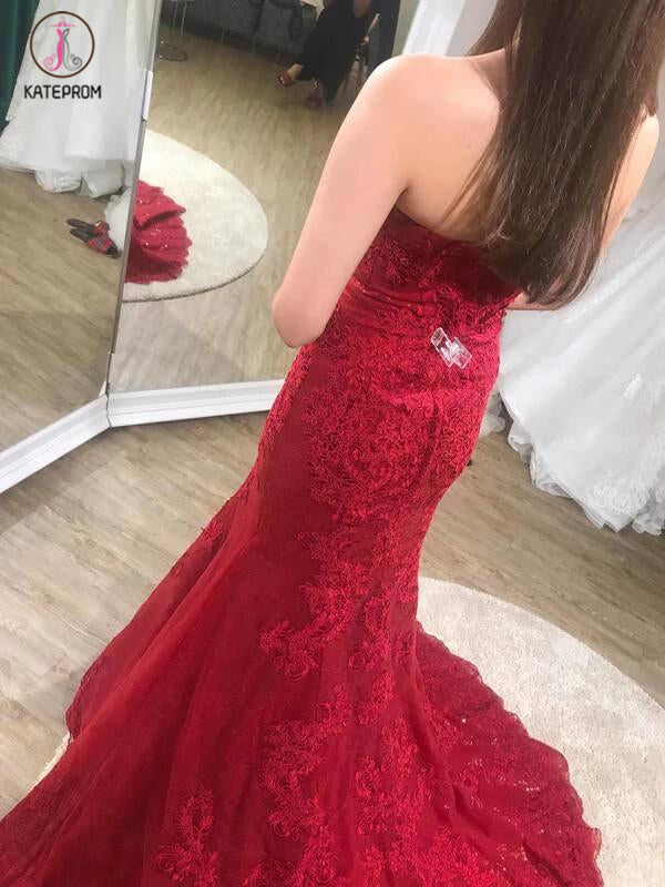 Sexy Trumpet Red Strapless Sweep Train Lace Prom Dress,Long Formal Gown KPP0257