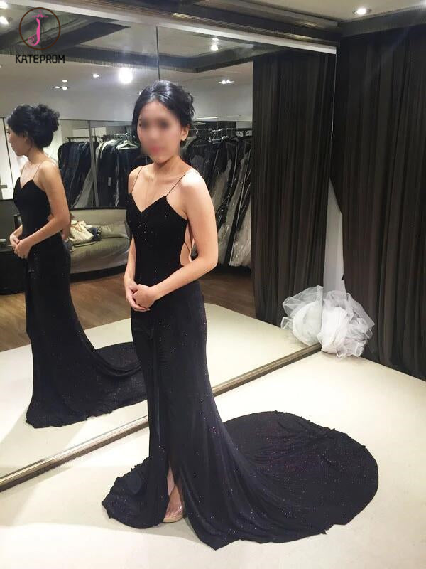 Sexy Column Spaghetti Straps Backless V-neck Sweep Train Prom Dress,Evening Dress KPP0260