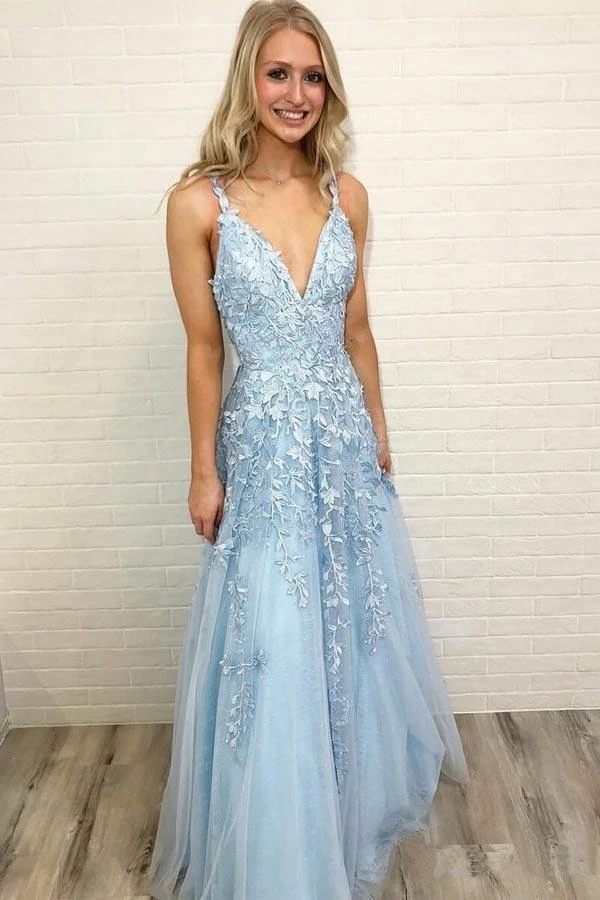 A Line Spaghetti Straps Light Blue Prom Dresses V Neck Lace Appliques Evening Dress KPP0002