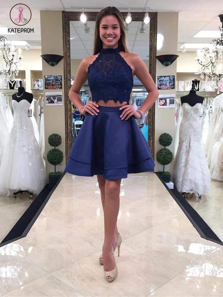 Princess Halter Two Piece Homecoming Dresses,Mini Sleeveless Lace Short Prom Dresses KPH0111