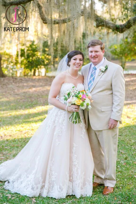 Light Pink Sweetheart Wedding Gown,Tulle Beach Wedding Dress,Lace Appliqued Bridal Dress KPW0045