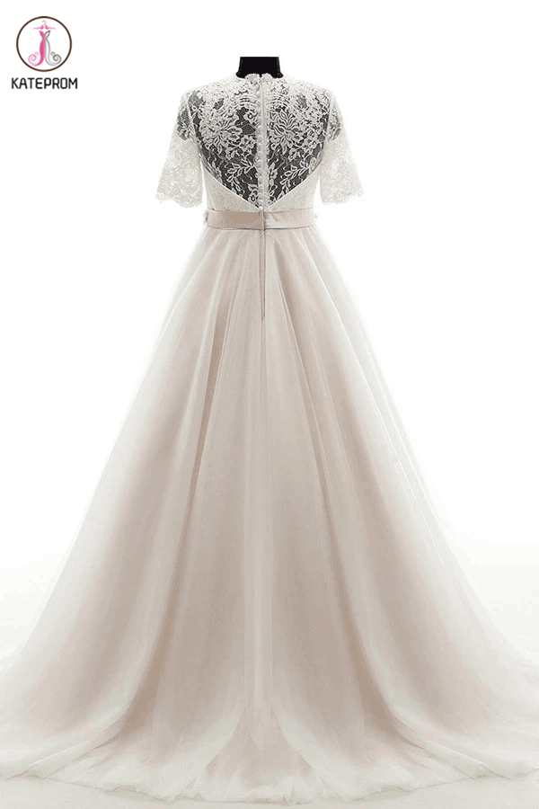 V-neck Court Train Lace Beading Wedding Dresses,Short Sleeves Prom Dress KPW0013