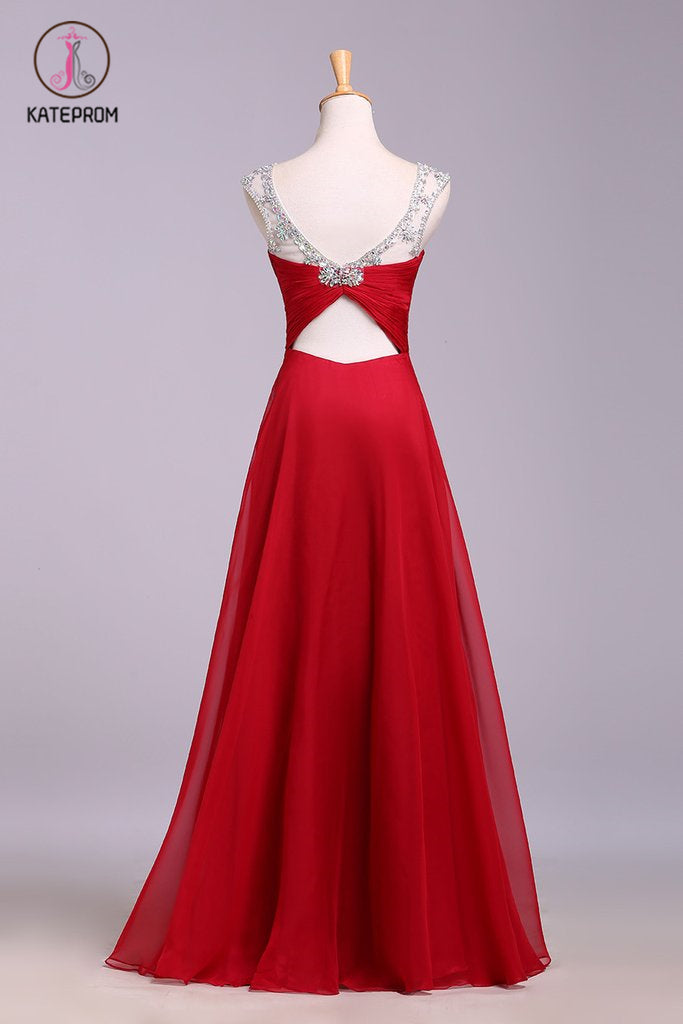 Red Floor Length Chiffon Prom Dress with Crystals, A Line Pleated Evening Dress KPP0568