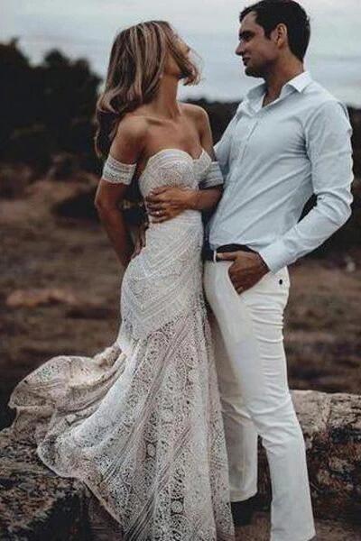 Mermaid Lace Sweetheart Elegant Bridal Long Wedding Dresses, Boho Bridal Dress KPW0137