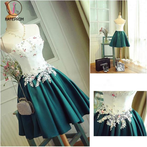 Special Deep Jade Short Prom Dress With Appliques,Strapless Stain Cocktail Dress KPH0139