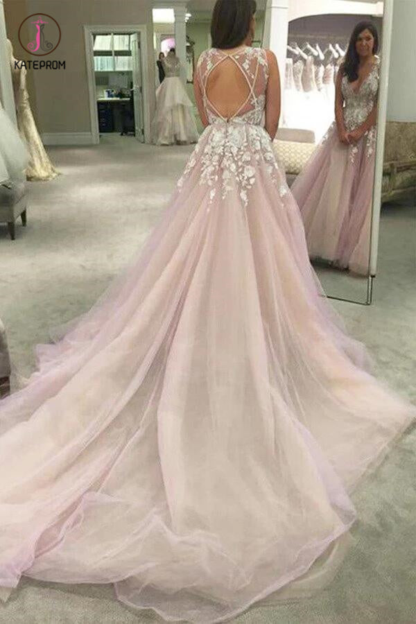 A-line V-neck Light Pink Flower Appliqued Tulle Wedding Dress KPW0020