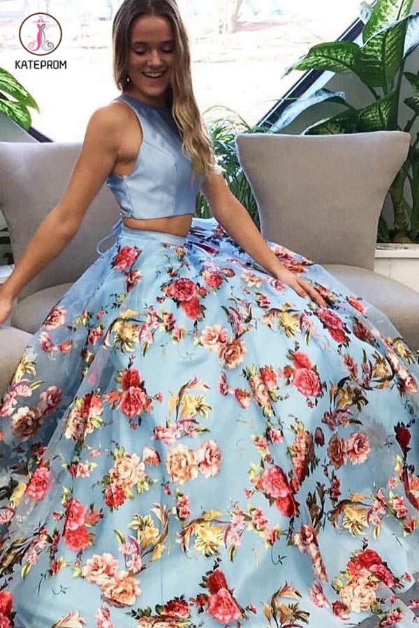 Two Piece Crew Open Back Sweep Train Light Blue Sleeveless Lace Prom Dress KPP0504