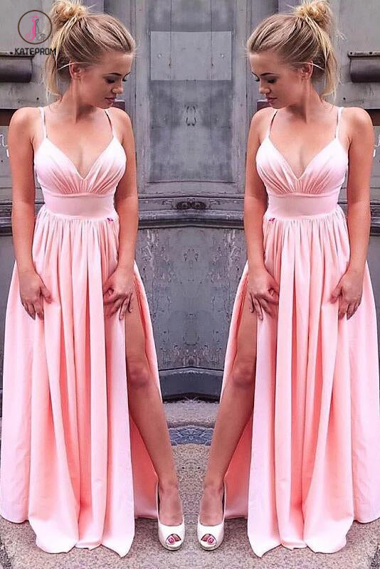 Simple A-Line Sleeveless Straps Floor-Length Ruched Slit Chiffon Prom Dresses KPP0435