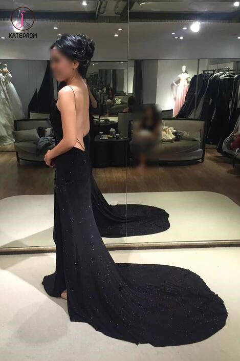 Sexy Column Spaghetti Straps Backless V-neck Sweep Train Prom Dress,Evening Dress KPP0260