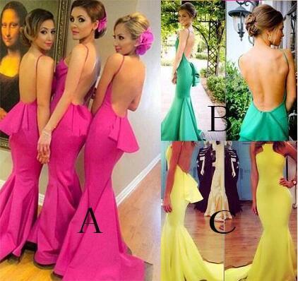 Sexy Backless Fuchsia Mermaid Bridesmaid Dresses, Unique Straps Bridesmaid Dress KPB0132