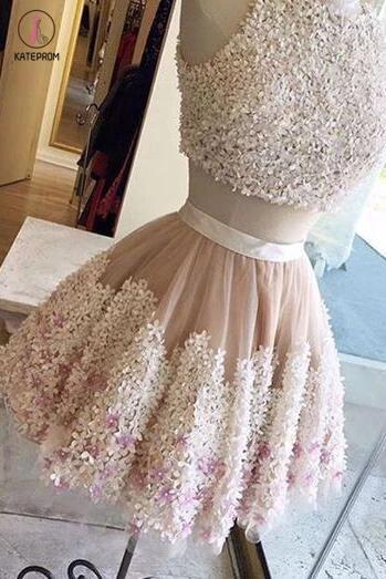 Two Pieces Tulle Appliques Sleeveless Homecoming Dresses,A-line Mini Party Dresses KPH0116