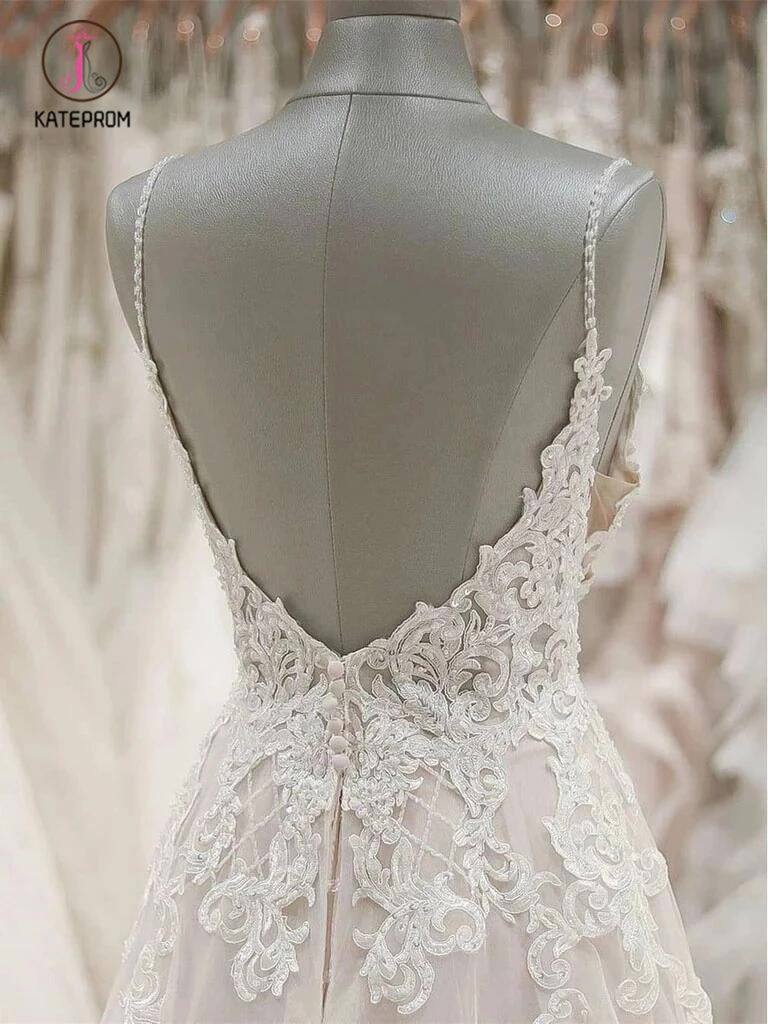 A Line Spaghetti Straps V Neck Beach Wedding Dresses Appliqued Tulle Bridal Dresses KPW0416