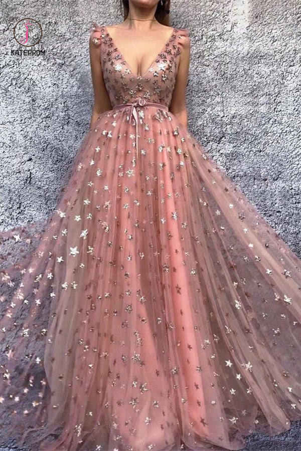 Sparkly Prom Dresses V-neck Stars Long Sexy Beautiful Prom Dress KPP0001