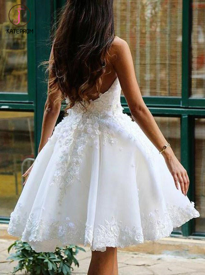 Ball Gown Prom Dress,Ivory Knee-length Homecoming Dress with Flowers,Appliqued Prom Gown KPH0183