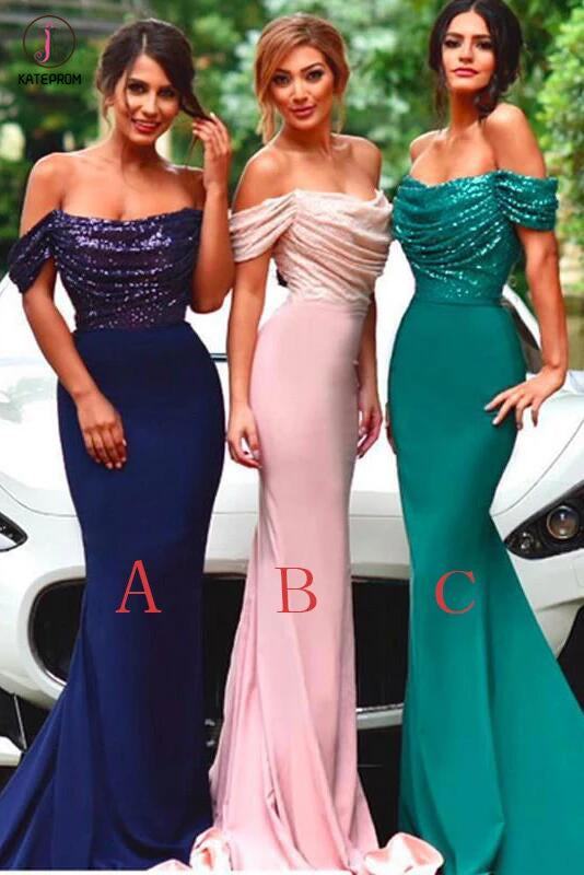 Royal Blue Mermaid Off the Shoulder Sequin Long Prom Dress Sexy Bridesmaid Dress KPB0082