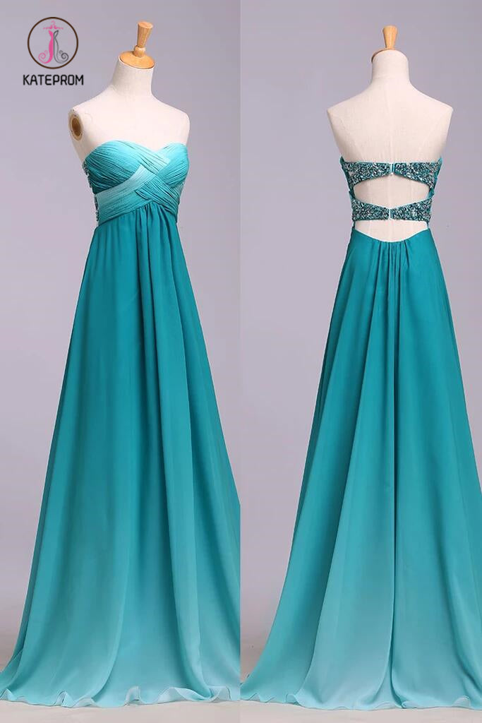 Ombre Sweetheart Long Chiffon Prom Dress with Sequins, Open Back Gradient Prom Gown KPB0141