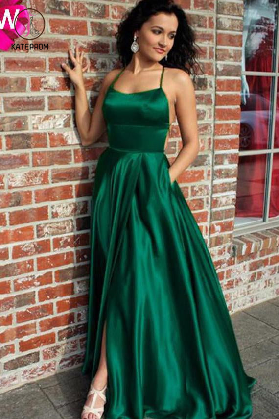 Emerald Green Spaghetti Strap Split Prom Dress, Sexy Long Evening Dress with Slit KPP0566