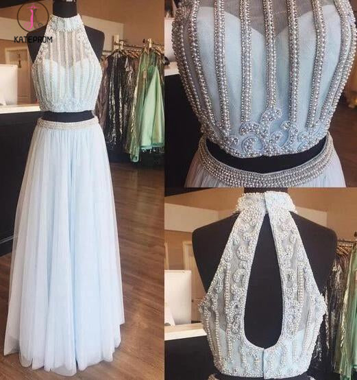 Two Piece Beaded High Neck Light Sky Blue Tulle Sleeveless Long Formal Dress KPP0338