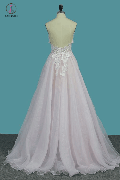 Deep V Neck Light Pink A Line Prom Dress, Spaghetti Straps Appliques Sexy Prom Dress KPW0216